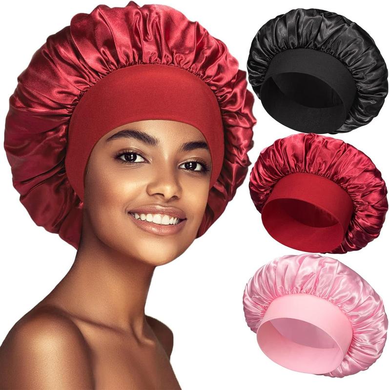 Bling Hair 1 Pcs Satin Bonnet Silk Bonnet for Sleeping Hair Bonnets for Women Night Cap Jumbo Size Comfortable Wide Band for Braids Curly Long Hair, Black, Purple, Pink, burgundy