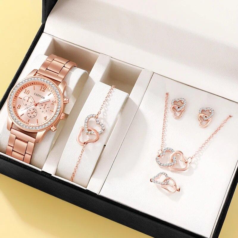 6 Counts Set Luxury Watch Women Ring Necklace Earring Rhinestone Fashion Wristwatch Casual Ladies Bracelet Watches