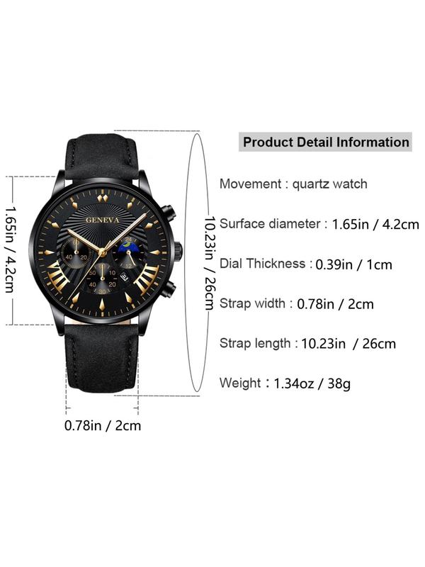 Men's Business Fashion Pu Leather Strap Digital Hands Quartz Watch, Casual Trendy Quartz Watch with 4pcs Braid Design Bracelet Set, without Box