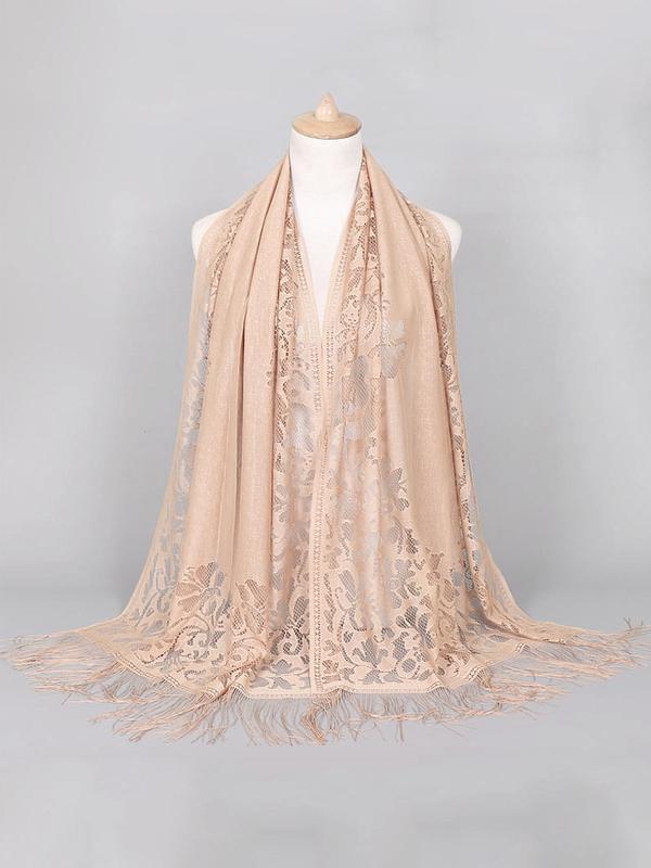 Women's Solid Fringe Hollow Out Contrast Lace Scarf, Fashionable Elegant Tassel Trim Long Shawl For Women, Breathable Shawl Scarf For Summer