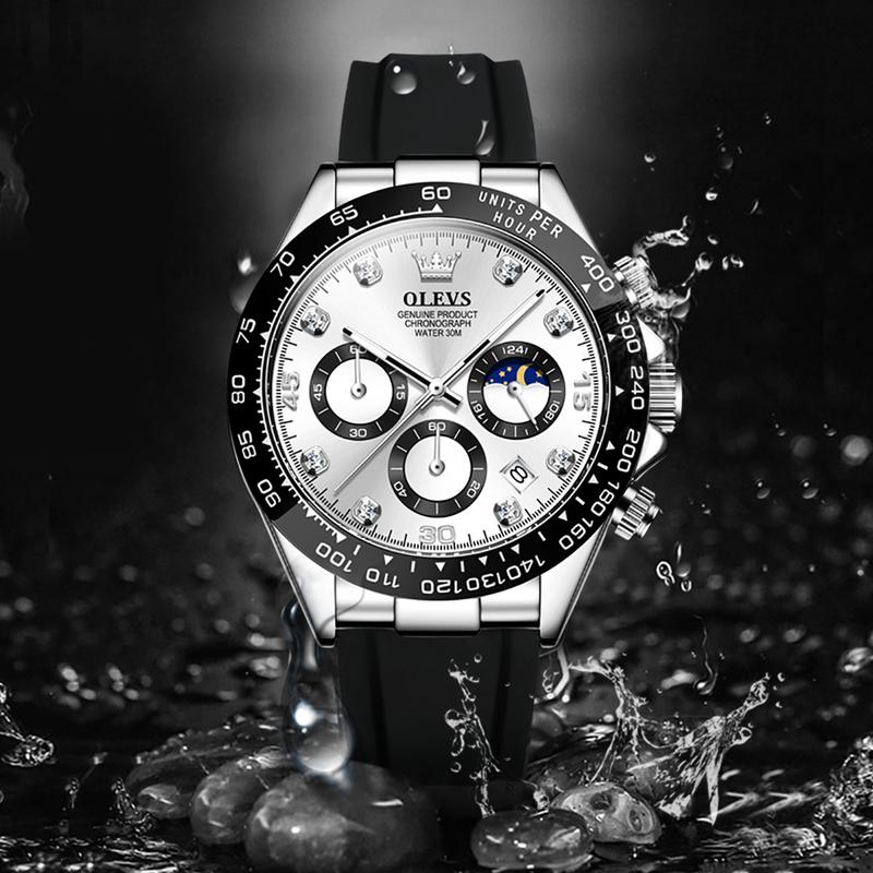 OLEVS Watches for Man Waterproof Chronograph Analog Multifunction Moon Phase Silicone Diamond Luminous Wrist Watches