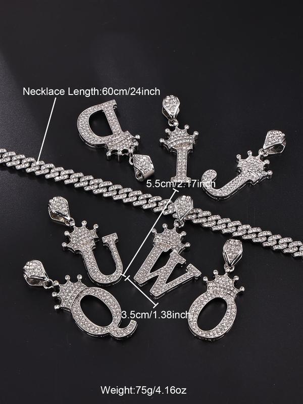 Men's Street Style Rhinestones Decorated Chunky Chain Necklace with 26 Letter Design Charm, Casual Trendy Hip Hop Pendant Necklace For Party & Daily Decoration Without Box