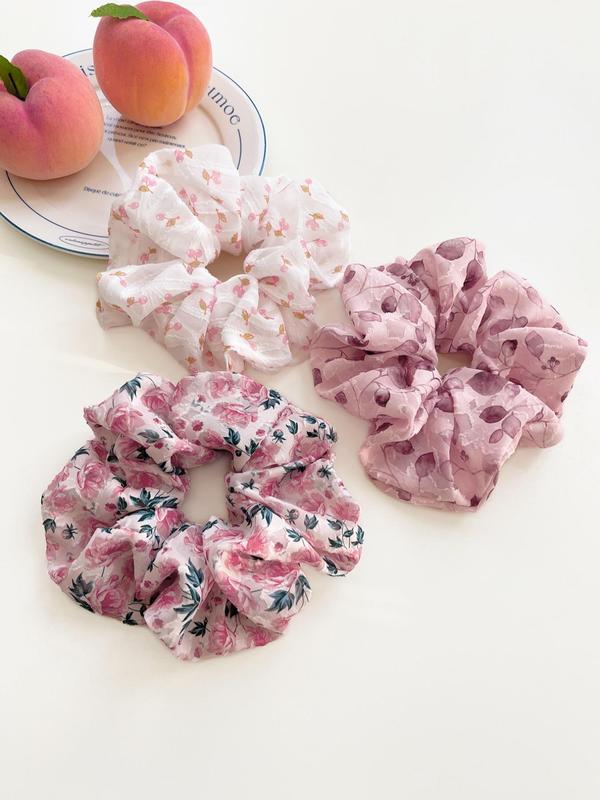 Elegant Floral & Cherry Print Scrunchies, Cute Hair Accessories for Women & Girls, Minimalist Headwear Suitable for Thick Hair