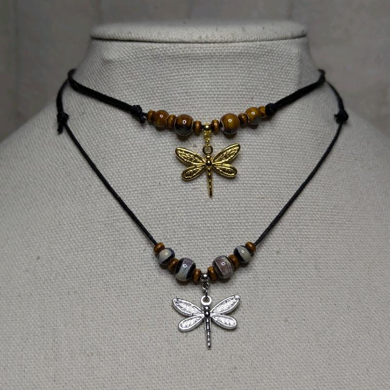 Dragonfly Charm Ceramic Beaded Silver or Gold Boho Hippie Whimsical Adjustable Black Rope Cord Choker Stacking Necklace