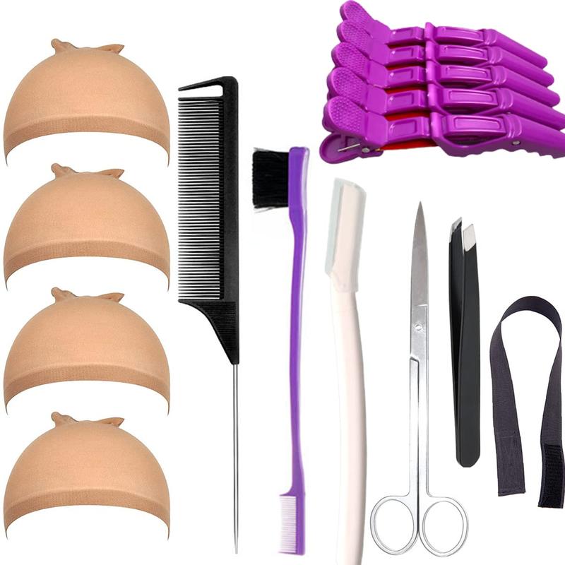 Wig Kit for Lace Front Wigs for Beginners 7 count, Lace Melting Elastic Band for Wigs, Edge Laying Scarf with Wig Caps, Eyebrow Razors, Tweezers, Edge Brush, Wig Grip Headband, Mini