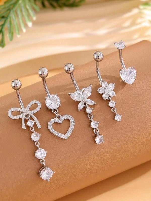 Rhinestone Decorated Belly Ring, Bow & Heart & Flower Design Belly Piercing Jewelry for Women, Fashion Accessories for Party, Daily Clothing Decor