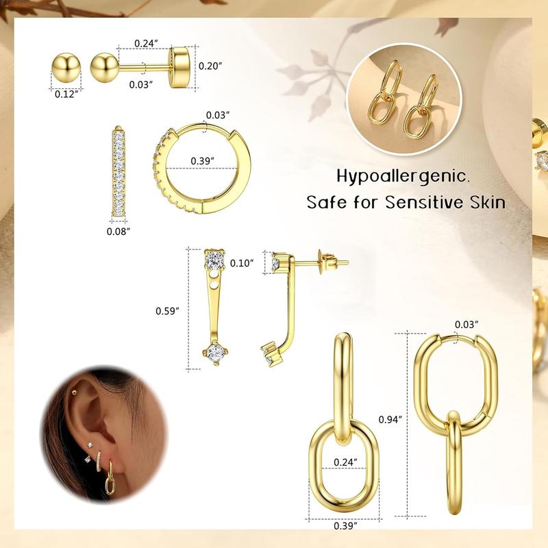 4 Pairs Gold Earrings Set for Women Hypoallergenic Stainless Surgical Steel Flat Back Stud Hoop Stacks for Multiple Piercing Dangle Huggie Tragus Helix Cartilage Piercing Jewelry Jacket Pack Silver