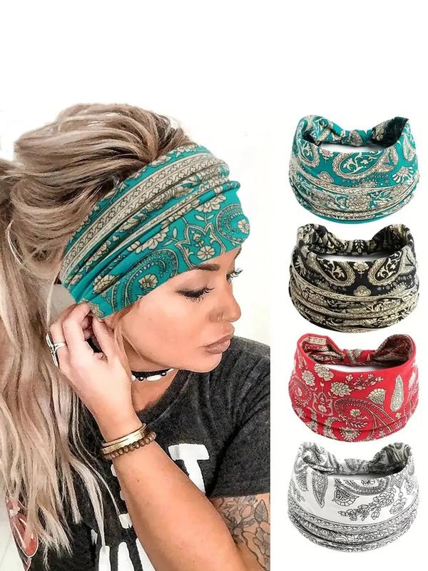 Boho Floral Print Knot Design Sports Hair Band, Pickleball & Tennis Clothes, 4 Counts Elastic Wide Band Hair Band, Hair Bands for Women, Summer Sports Hair Accessories for Running, Gym, Yoga