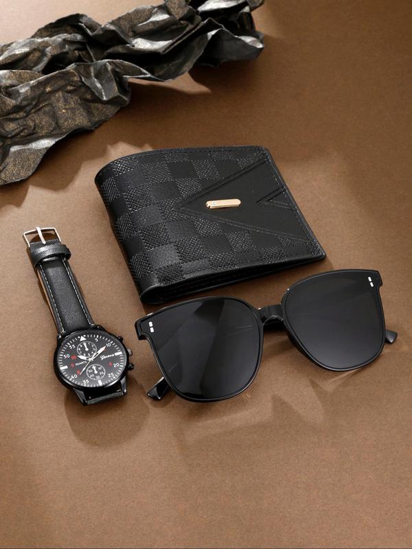 Men's Classic Business Quartz Watch & Sunglasses & Wallet Set, 3 Counts set Casual Sporty Wristwatch & Full Rim Sunglasses & Bifold Wallet, Perfect for Men for Gift with Box