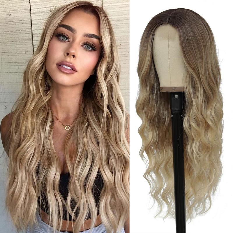 Long Ombre Blonde Wavy Wig for Women 28 Inch Middle Part Curly Wavy Wig Natural Looking Synthetic Heat Resistant Fiber Wig for Daily Party Use