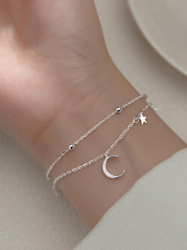 Women's Elegant Trendy Double Layer Chain Bracelet with Moon & Star Design,  Exquisite Adjustable Bracelet for Daily Decoration, Trendy All-match & Exquisite Jewelry for Birthday Gift