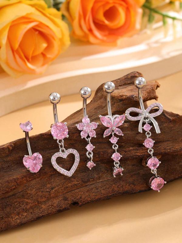 Rhinestone Decorated Belly Ring, Bow & Heart & Flower Design Belly Piercing Jewelry for Women, Fashion Accessories for Party, Daily Clothing Decor