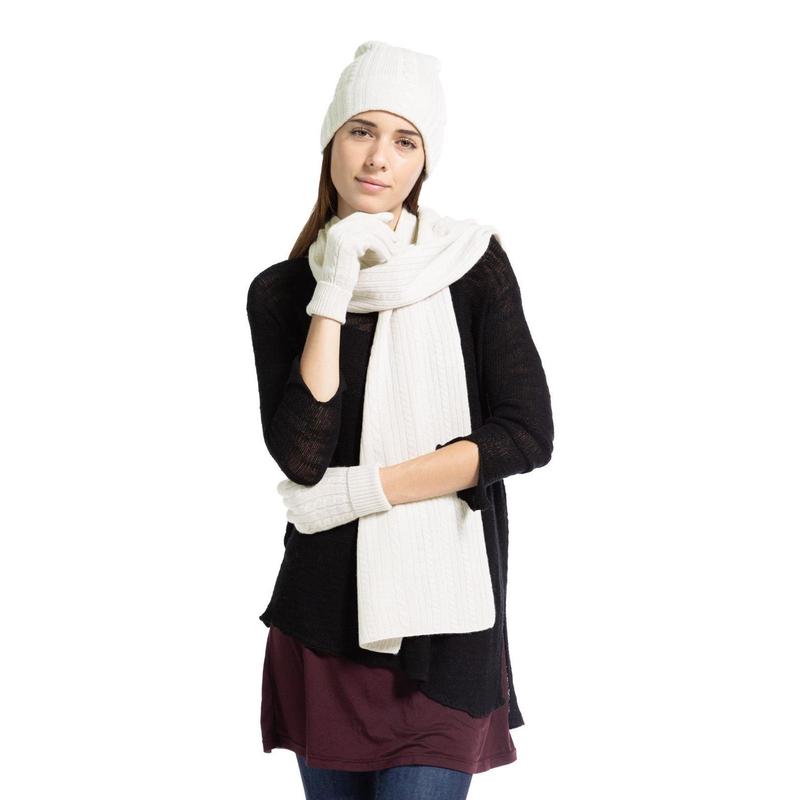 Women's 3pc 100% Pure Cashmere Cable Knit Hat Glove Scarf Set with Gift Box - Outlet