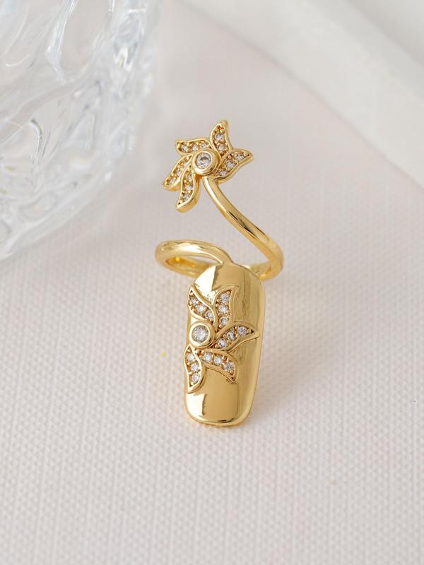 Fashion Flower Design Rhinestone Decorated Cuff Nail Ring, Elegant Alloy Jewelry for Women & Girls, Style for Party, Daily Clothing Decor, Trendy All-match & Exquisite Jewelry for Birthday Gift