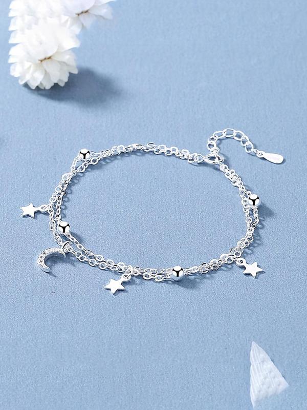 Women's Elegant Trendy Double Layer Chain Bracelet with Moon & Star Design,  Exquisite Adjustable Bracelet for Daily Decoration, Trendy All-match & Exquisite Jewelry for Birthday Gift