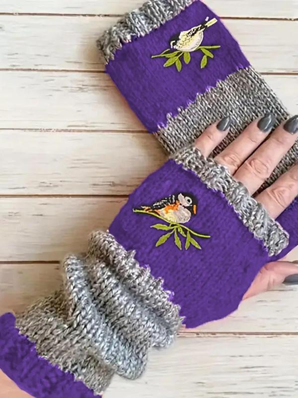 Cute Bird Embroidery Design Fingerless Gloves, Casual Warm Knitted Gloves for Fall & Winter, Fashion Accessories for Women & Girls