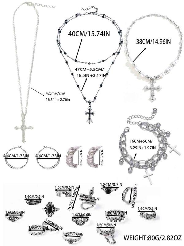 Women's Elegant Faux Pearl & Rhinestone Decor Cross Design Jewelry Set, Exquisite  Necklace & Ring & Earrings & Bracelet, Chic Jewelry Set As Gift for Girlfriend