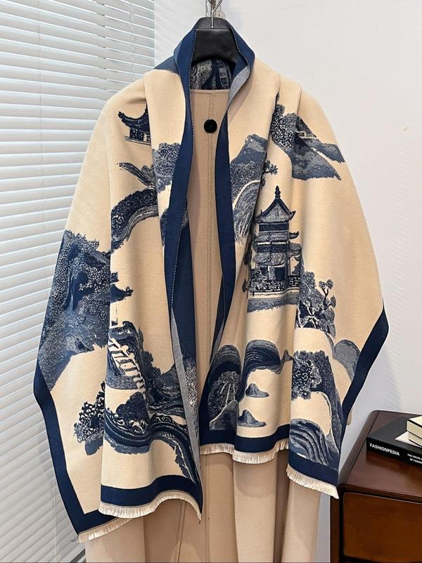 Landscape Print Scarf, Boho Style Shawl for Women, Casual Soft Warm Long Scarf for Fall & Winter, Fashion Accessories for Daily Wear