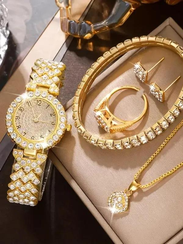 Women's Elegant Rhinestone Decorated Quartz Watch & Jewelry Set, Including Round Dial Watch & Pendant Necklace & Ring & Stud Earrings & Bracelet, Chic Watch Set for Women As Gift without Box