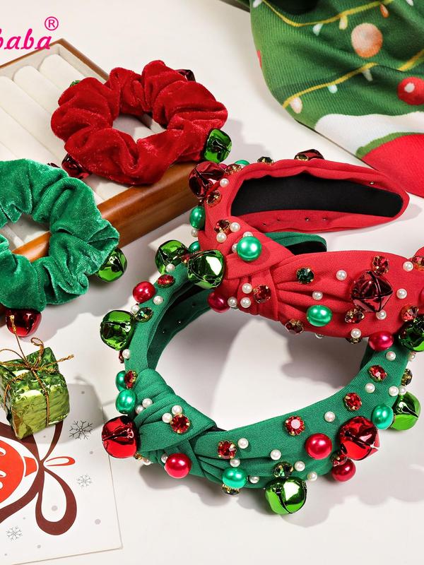 Christmas Themed Hair Accessories Set, Cute Faux Pearl Decor Headband & Ruched Design Hair Ties, Fashion Hair Accessories for Women & Girls