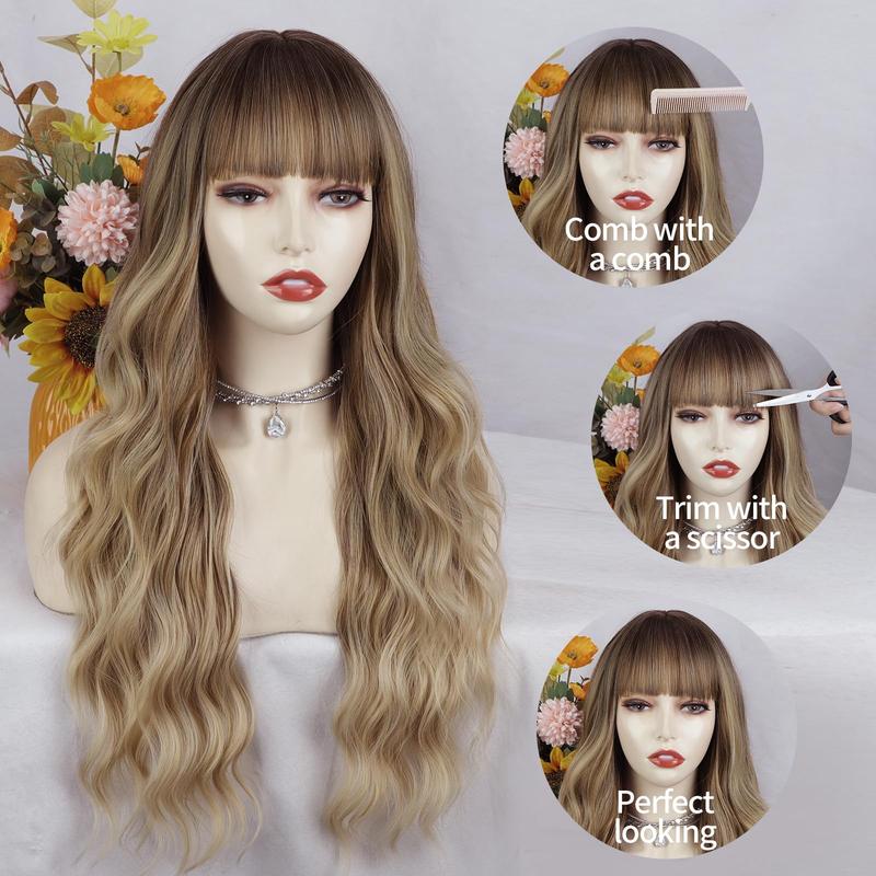 Blonde Wig With Bangs Long Wavy Curly Ombre Blond Wig with Dark Root Synthetic Heat Resistant Wigs for Women Daily Party Use 26 Inches