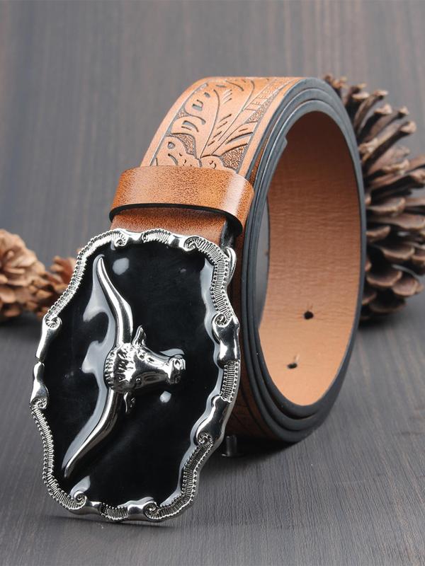 Western Cow Head Design PU Buckle Belt, Fashionable Animal Decor Belt for Men & Women, Trendy All-match & Exquisite Belt for Birthday Gift