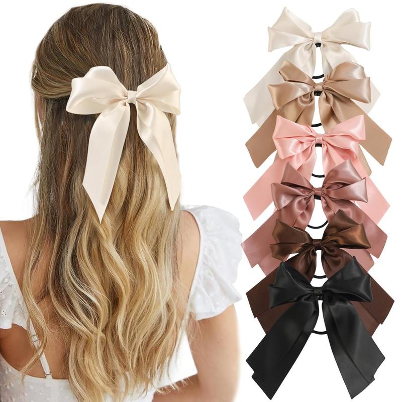 6Pack Bow Hair Ties, Satin Hair Ribbon, Ribbon Hair Bows for Women Girls, Elastics Hair Scrunchies for Thick Thin Hair, Bows Hair Accessories