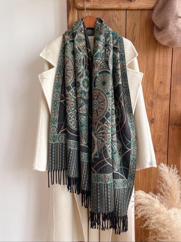 Boho Style Geometric Pattern Tassel Decor Shawl, Casual Warm Long Scarf for Fall & Winter, Fashion Accessories for Women & Men Dainty Gift for Your Love