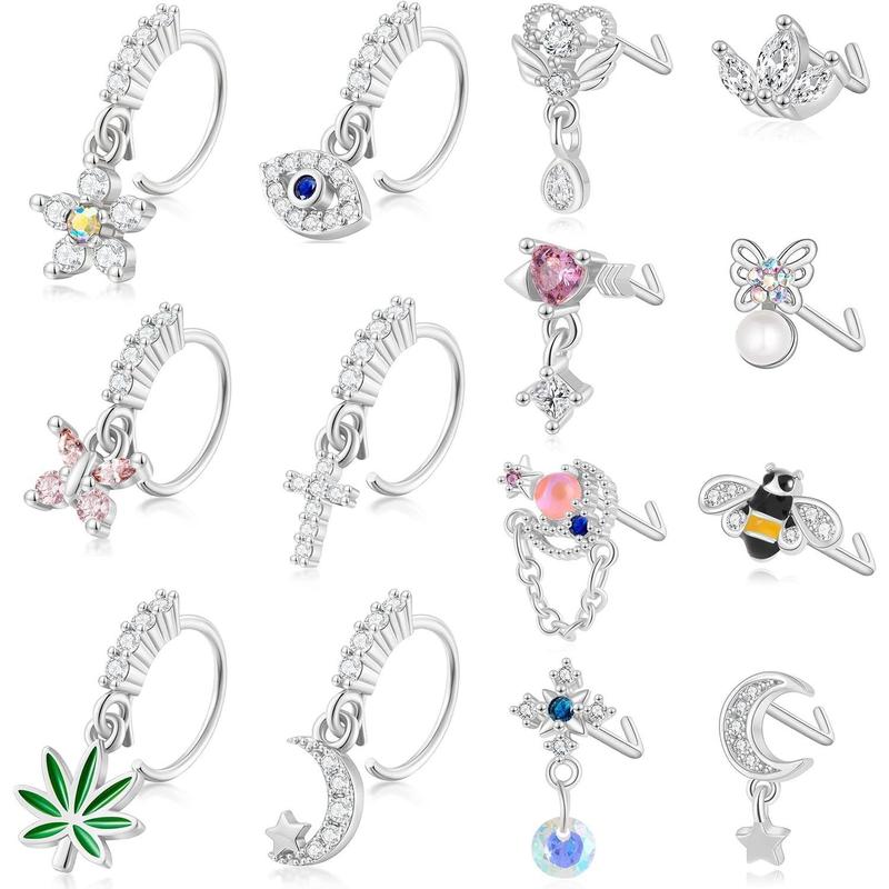 14Pcs Dangle Nose Ring L Shaped Dangling Nose Stud Cute Star Heart 20g Stainless Steel Nose Ring Hoop Indian Nose Piercing Jewelry with Charm