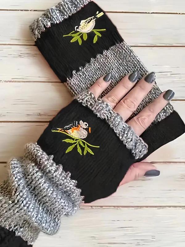 Cute Bird Embroidery Design Fingerless Gloves, Casual Warm Knitted Gloves for Fall & Winter, Fashion Accessories for Women & Girls