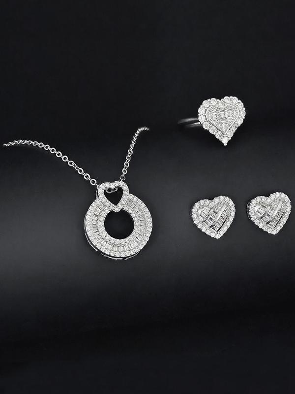 Women's Elegant Rhinestone Decor Jewelry Set, Exquisite Trendy Heart Design Pendant Necklace & Ring & Stud Earrings, Chic Jewelry Set for Party & Daily Decor