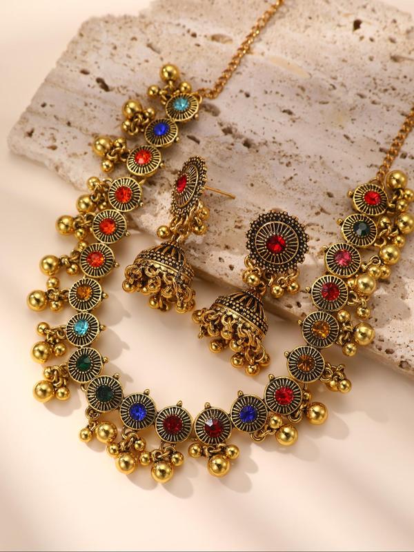 Boho Style Hollow Out Design Rhinestone Decor Pendant Necklace & Dangle Earrings (3pcs), Fashion Jewelry for Party, Daily Clothing Decor, Trendy All-match & Exquisite Jewelry for Birthday Gift