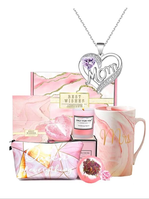 Rhinestone Decor Heart & Letter Design Pendant Necklace & Cup & Candle & Scented Candle & Box, Trendy Jewelry Set for Birthday Gift