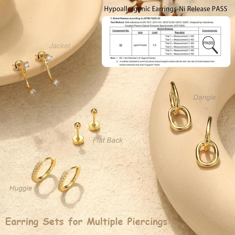 4 Pairs Gold Earrings Set for Women Hypoallergenic Stainless Surgical Steel Flat Back Stud Hoop Stacks for Multiple Piercing Dangle Huggie Tragus Helix Cartilage Piercing Jewelry Jacket Pack Silver