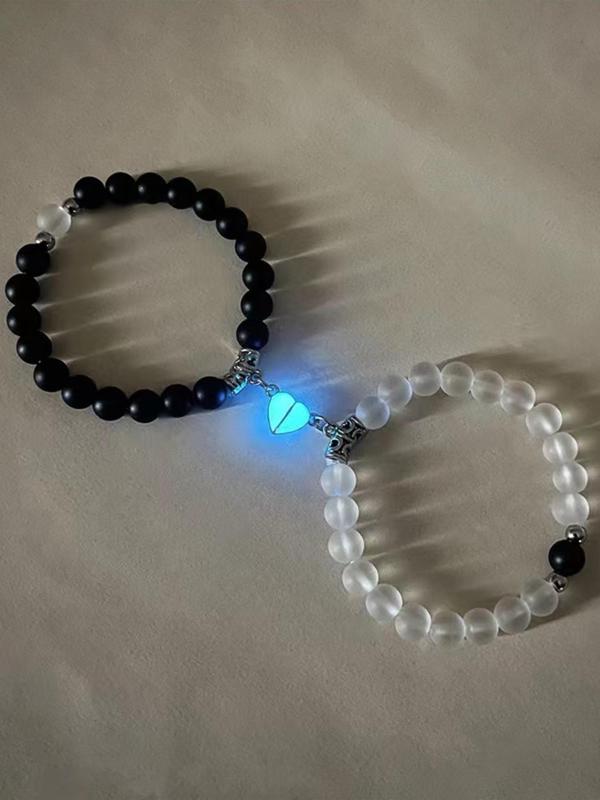 Glow in The Dark Heart Design Charm Beaded Bracelet, Fashion Accessories for Men & Women, Magnetic Charm Bracelet for Party, Trendy Jewelry for Gift