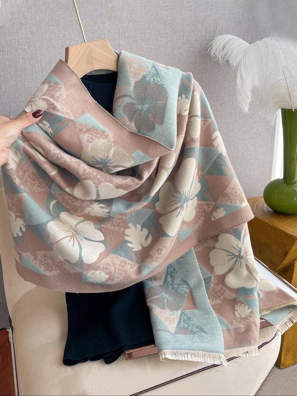 Women's Floral Print Tassel Decor Scarf, Boho Style Soft Warm Shawl for Fall & Winter, Fashion Accessories for Women & Girls Dainty Gift for Your Love