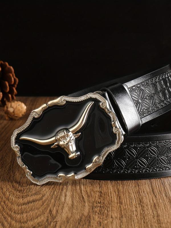 Western Cow Head Design PU Buckle Belt, Fashionable Animal Decor Belt for Men & Women, Trendy All-match & Exquisite Belt for Birthday Gift