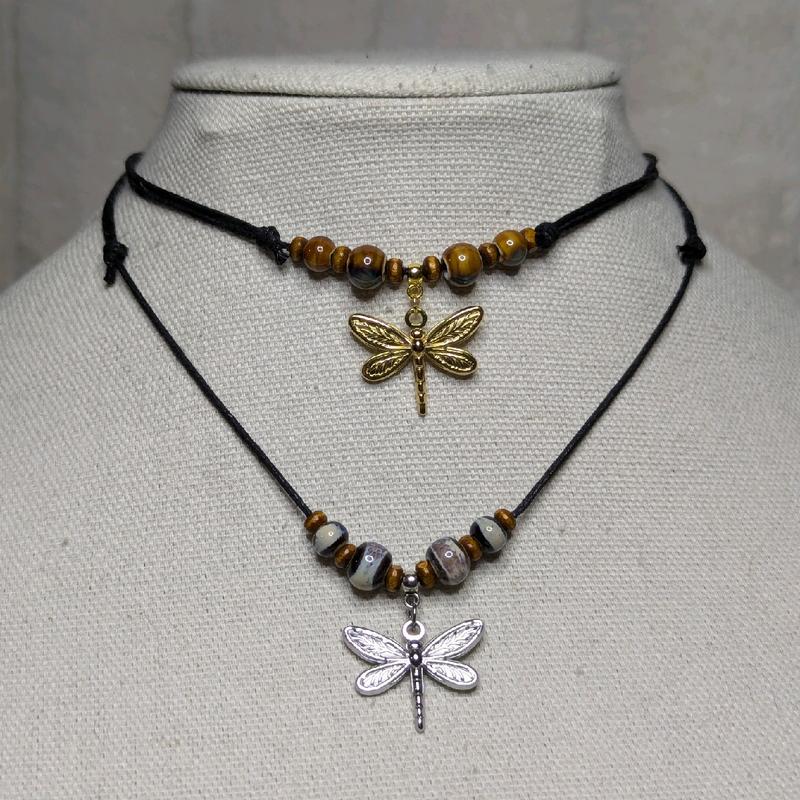 Dragonfly Charm Ceramic Beaded Silver or Gold Boho Hippie Whimsical Adjustable Black Rope Cord Choker Stacking Necklace