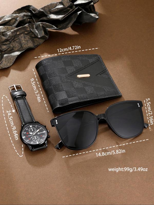 Men's Classic Business Quartz Watch & Sunglasses & Wallet Set, 3 Counts set Casual Sporty Wristwatch & Full Rim Sunglasses & Bifold Wallet, Perfect for Men for Gift with Box