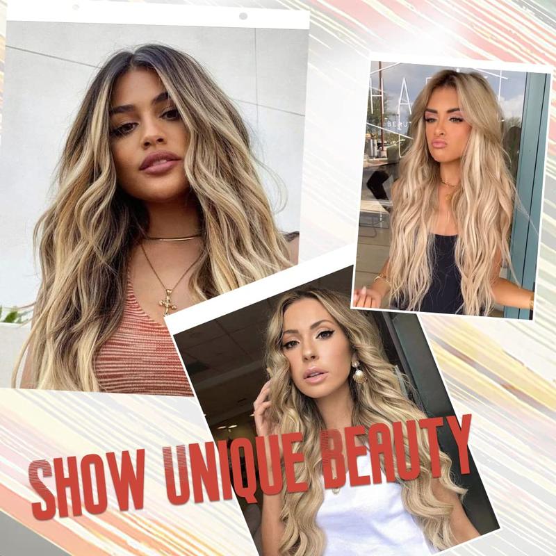 Long Ombre Blonde Wavy Wig for Women 28 Inch Middle Part Curly Wavy Wig Natural Looking Synthetic Heat Resistant Fiber Wig for Daily Party Use