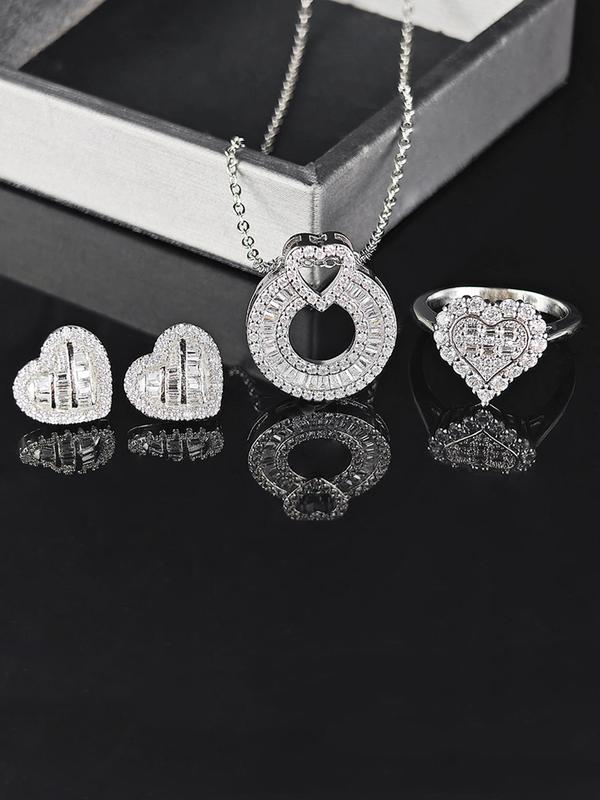 Women's Elegant Rhinestone Decor Jewelry Set, Exquisite Trendy Heart Design Pendant Necklace & Ring & Stud Earrings, Chic Jewelry Set for Party & Daily Decor