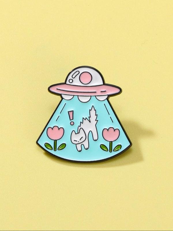 Cute Cat & UFO Design Brooch, Fashion Alloy Badge for Daily Clothing Decor, Trendy All-match & Exquisite Brooch for Birthday Gift