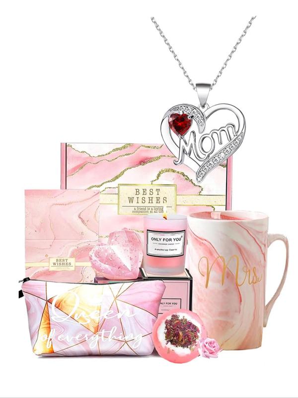 Rhinestone Decor Heart & Letter Design Pendant Necklace & Cup & Candle & Scented Candle & Box, Trendy Jewelry Set for Birthday Gift