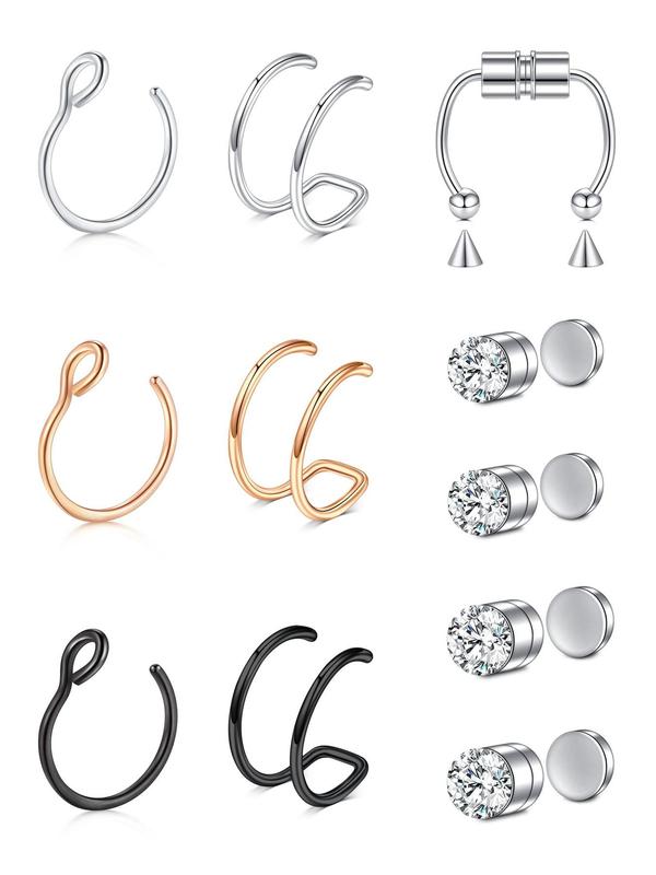 Rhinestone Decorated Fake Nose Ring (13pcs set), Stainless Steel Magnetic Nose Ring, Non-piercing Nose Ring for Women & Men, Fashion Accessories for Party, Daily Clothing Decor