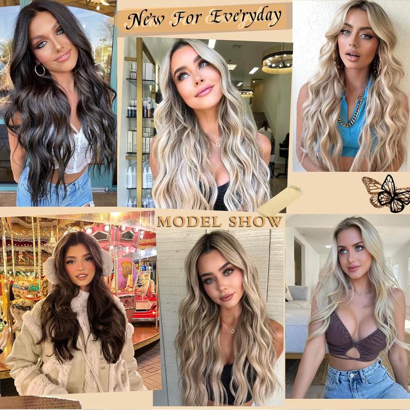 Long Ombre Blonde Wavy Wig for Women 28 Inch Middle Part Curly Wavy Wig Natural Looking Synthetic Heat Resistant Fiber Wig for Daily Party Use