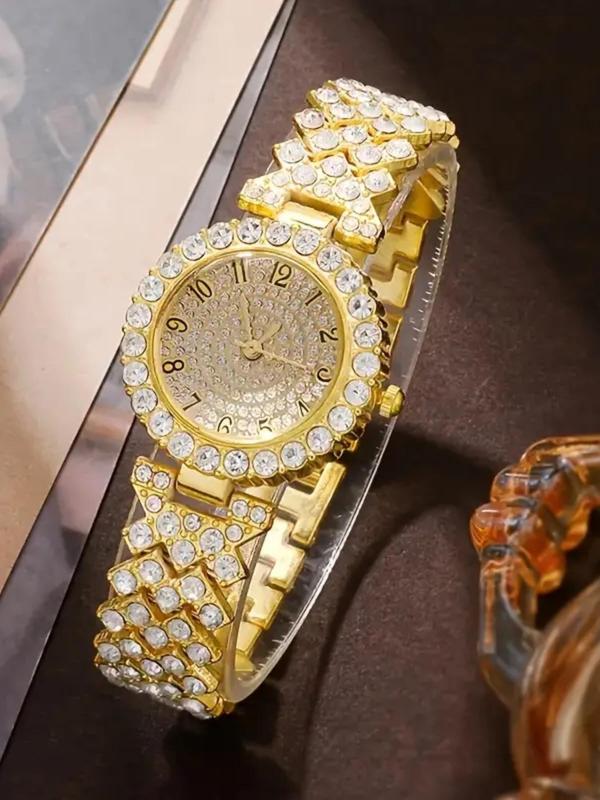 Women's Elegant Rhinestone Decorated Quartz Watch & Jewelry Set, Including Round Dial Watch & Pendant Necklace & Ring & Stud Earrings & Bracelet, Chic Watch Set for Women As Gift without Box