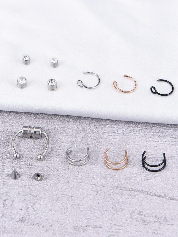 Rhinestone Decorated Fake Nose Ring (13pcs set), Stainless Steel Magnetic Nose Ring, Non-piercing Nose Ring for Women & Men, Fashion Accessories for Party, Daily Clothing Decor