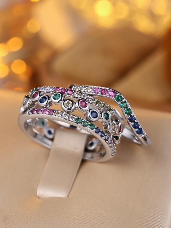 Women's Elegant Colorful Rhinestone Decorated Ring, Exquisite Trendy Ring, Fashionable Jewelry for Women As Birthday Gift