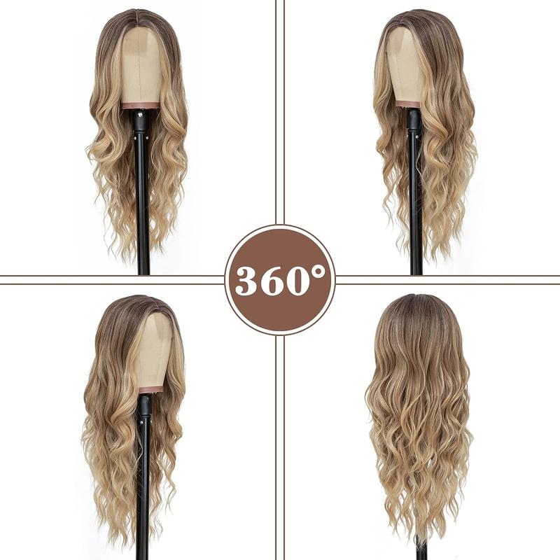 Long Ombre Blonde Wavy Wig for Women 28 Inch Middle Part Curly Wavy Wig Natural Looking Synthetic Heat Resistant Fiber Wig for Daily Party Use