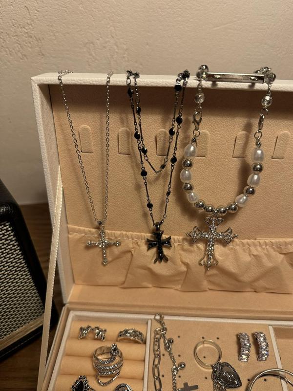 Women's Elegant Faux Pearl & Rhinestone Decor Cross Design Jewelry Set, Exquisite  Necklace & Ring & Earrings & Bracelet, Chic Jewelry Set As Gift for Girlfriend